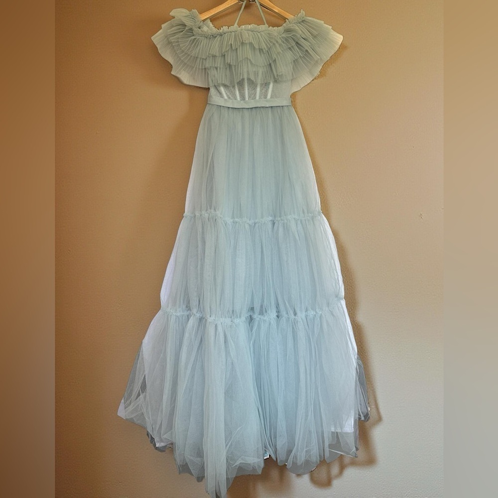 NWT BCBGMaxAzria Blue Ruffled Tiered Tool Gown - Picture 2 of 13